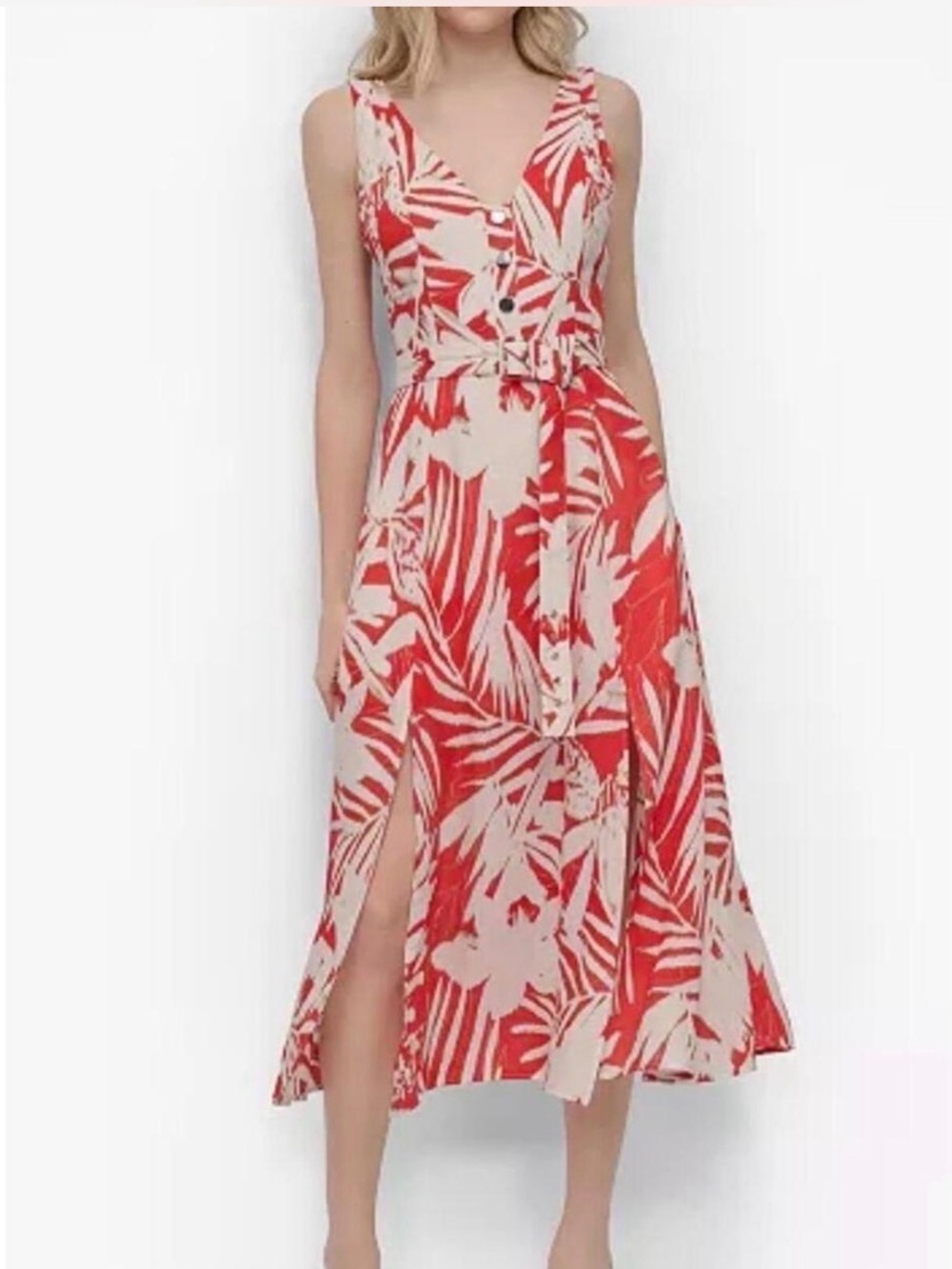 DKNY by Donna Karan Floral Print V-Neck A-Line Midi Dress